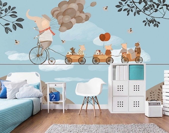 Elephant on Bicycle with Cute Animals Wallpaper Mural - Peel and Stick