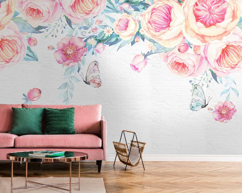 Vintage Aquarell Rosa Blumen Fototapete