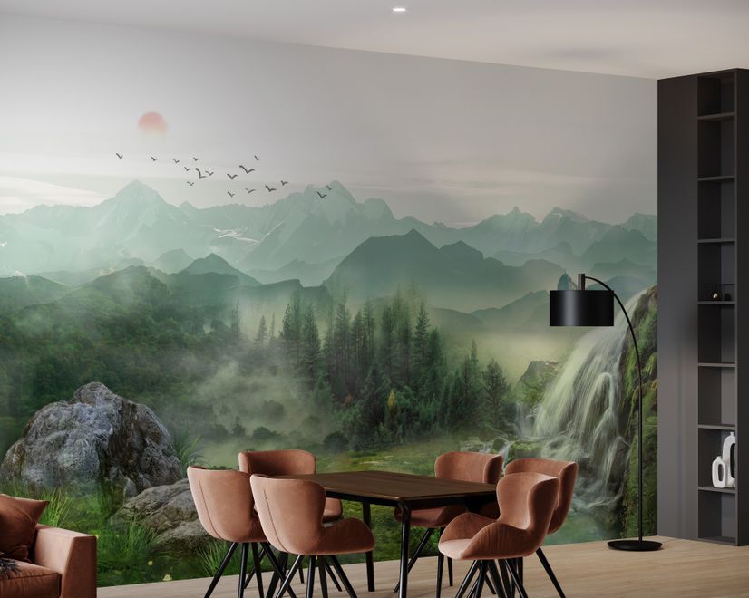 Waterfall with Misty Green Forest Landscape Wallpaper Mural