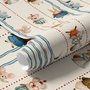 Cartoon wallpaper with rabbits, mice, a crowned fox and lambs in costumes between wavy blue stripes
