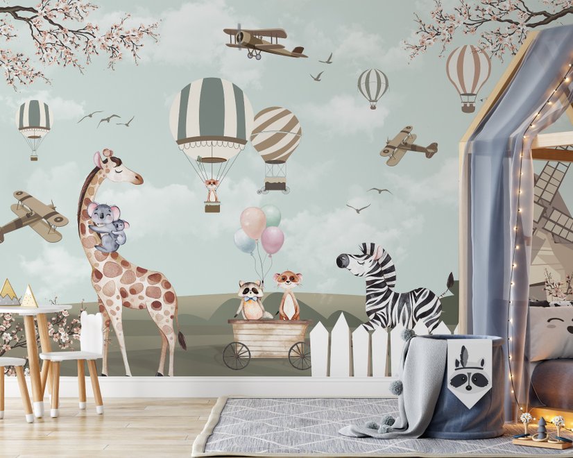 Papier peint animaux forêt avion vintage moulin enfants