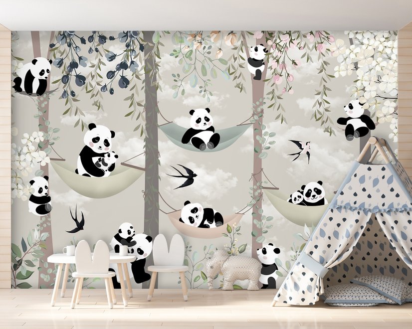 Fototapete Kinderzimmer Panda-Bär auf Hängemattenbäume