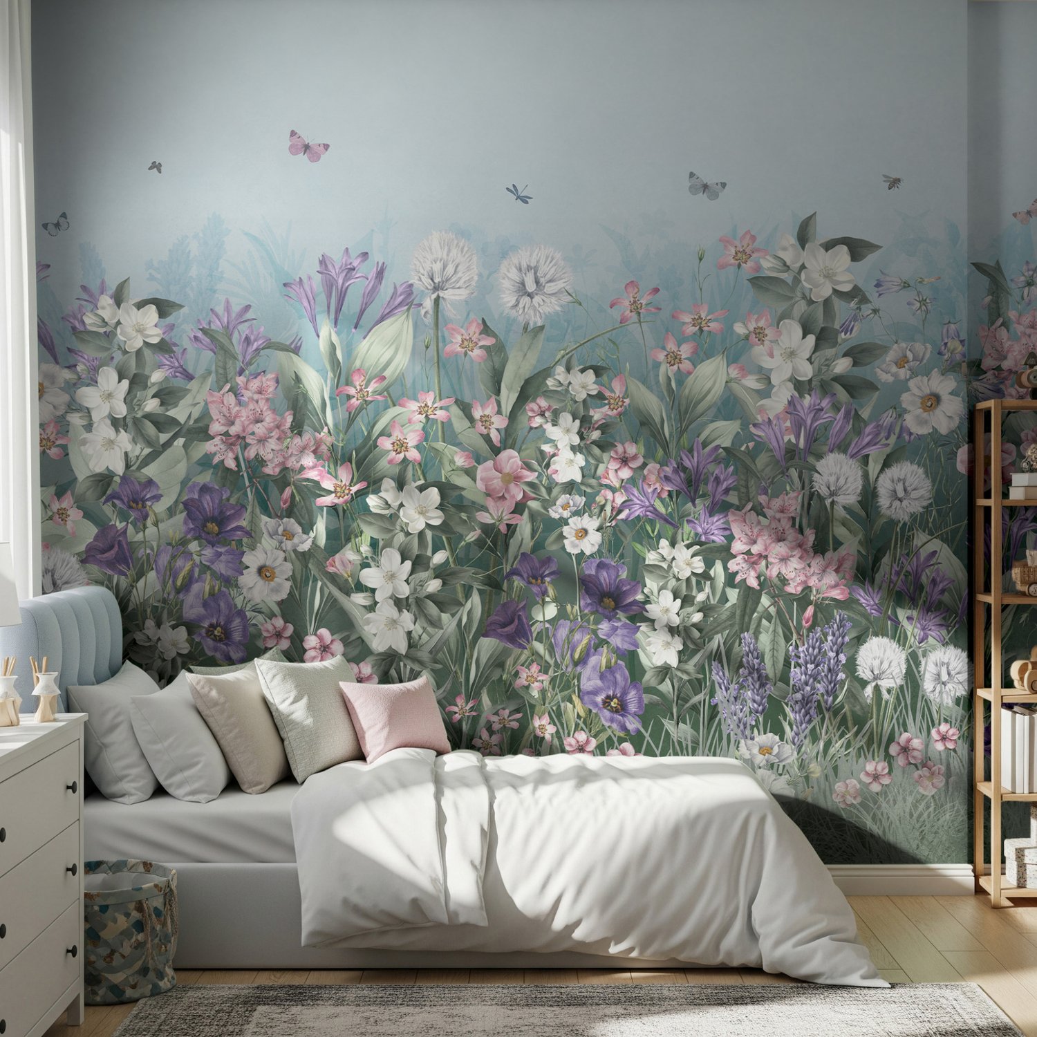 Soft Blooming Floral Meadow Kids Wallpaper - Peel and Stick