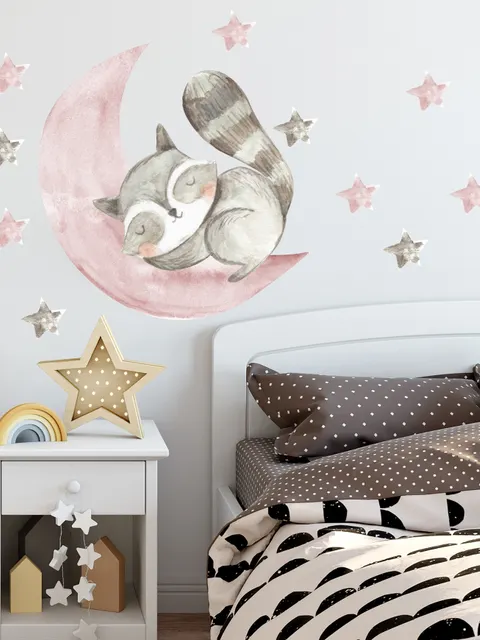 Stickers muraux raton laveur mignon et étoiles roses grises aquarelle pour enfants et bébé