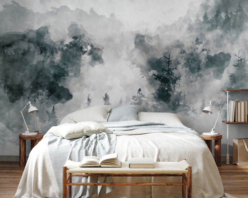 Watercolor Style Abstract Misty Dark Forest Wallpaper Mural