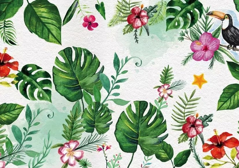 Colorful Mirabilis Flowers and Tropical Leaves Wallpaper Mural