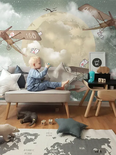 Kids Moon with Aircraft Wallpaper Mural