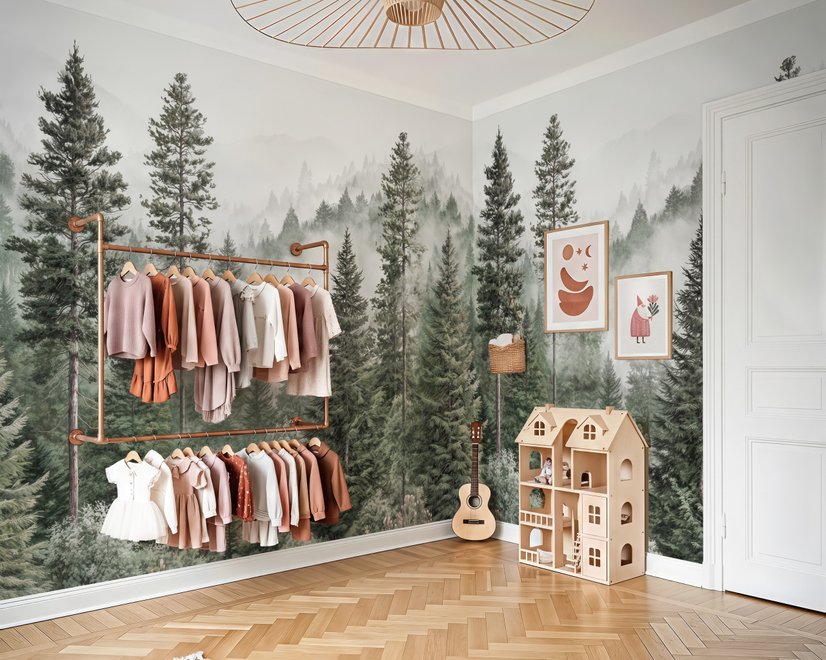 Misty mountain wallpaper mural with tall pine trees, layered green forest and pale foggy ridges