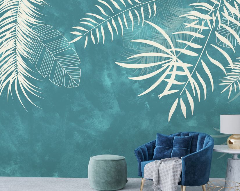 White Tropical Leaves Wallpaper Mural
