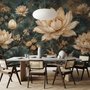 Ivory lotus flowers and seed pods on charcoal teal lily pads in a botanical lotus wallpaper mural