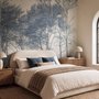 Blue forest background wallpaper mural with coastal trees, sea water and small white sailboats