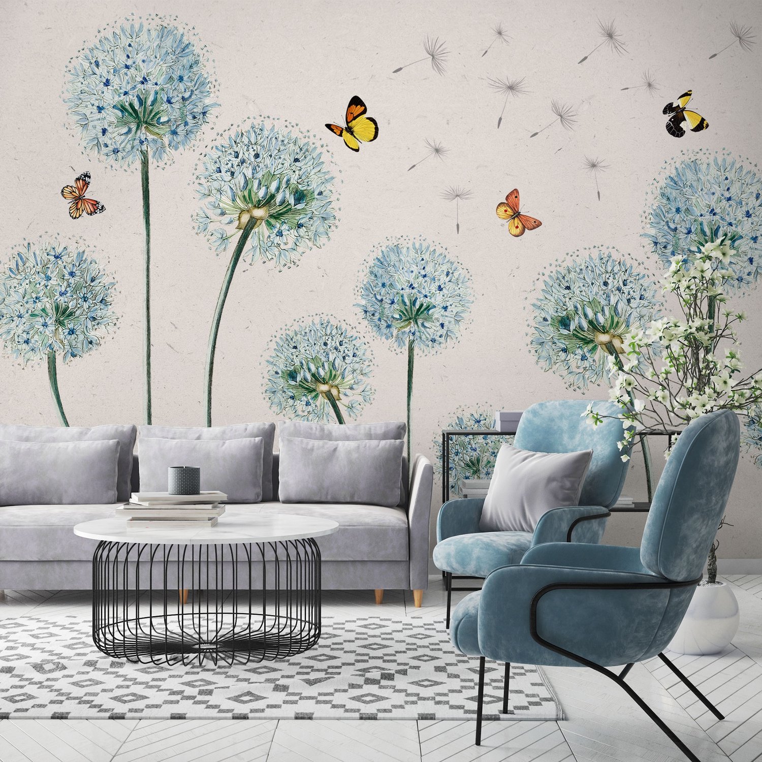 Blue Dandelion and Yellow Butterflies Wallpaper Mural - Peel and Stick