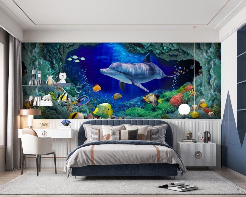 Papier peint panoramique sous la mer en 3D avec des poissons colorés