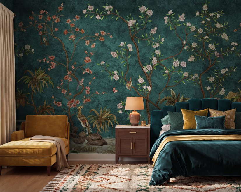 Floral wallpaper with birds in a teal chinoiserie garden with blossoms, pheasant, palms and stone railings