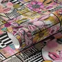 Bold wallpaper for powder room with pop art female faces, pink flowers, black comic panels, mustard, teal and fuchsia details