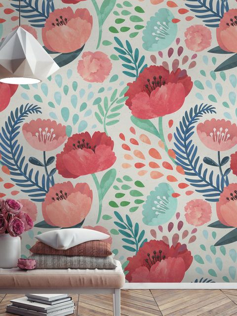 Papier peint panoramique floral aquarelle maïs coquelicot