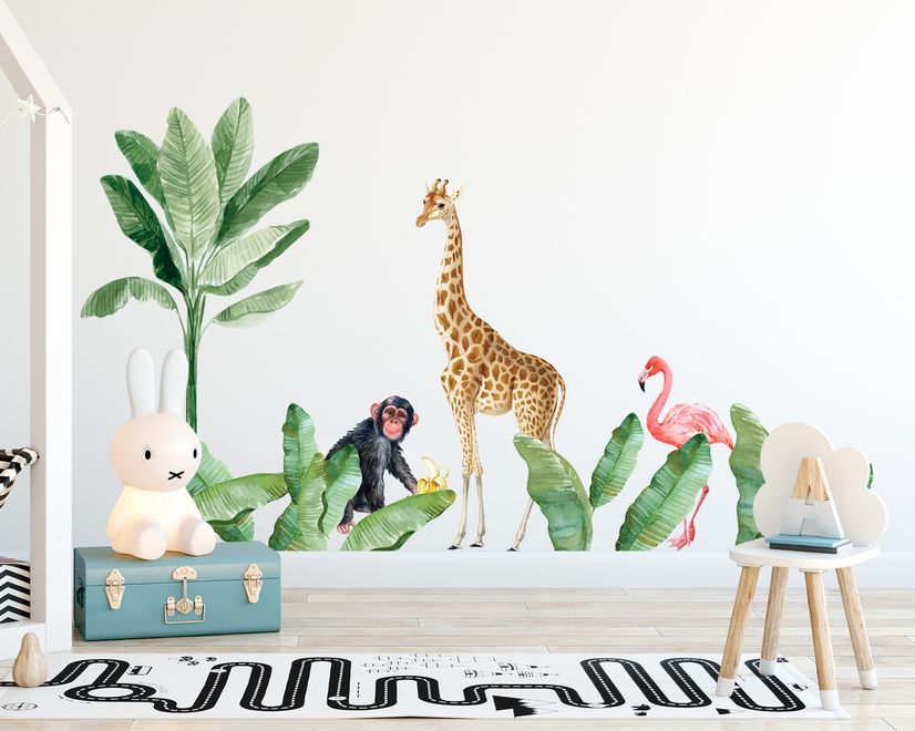 Kids Tropical Animals with Palm Leafs Wall Decal Sticker