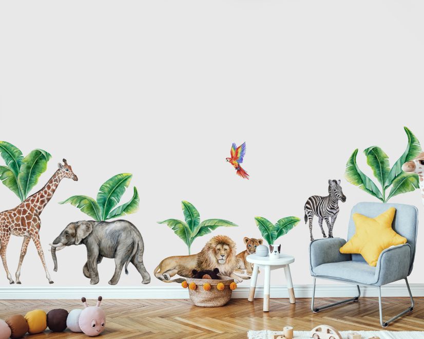 Kids Watercolor Safari Animals with Banana Leaves Wall Decal Sticker