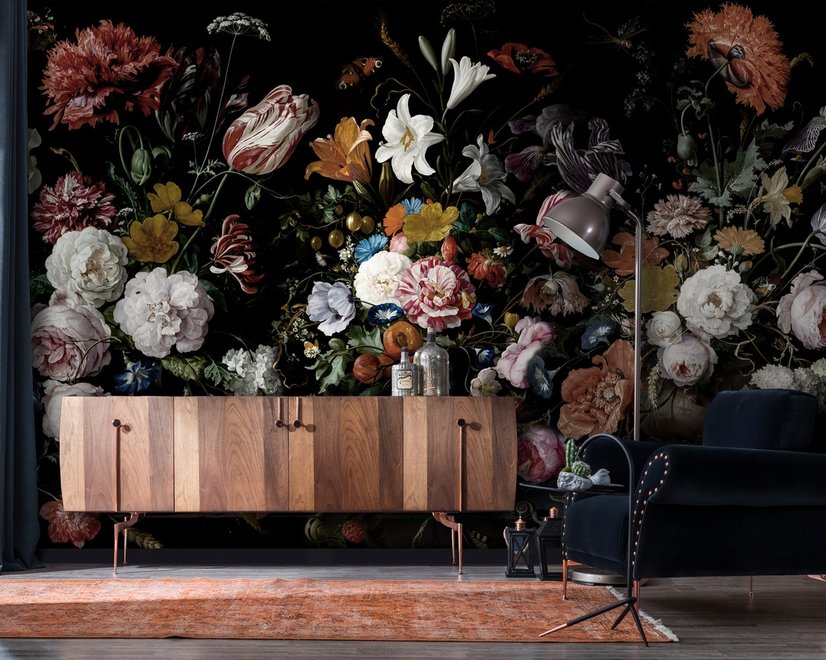 Papier peint panoramique hollandais de fleurs sombres