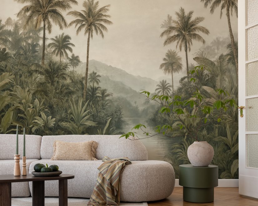 Misty tropical forest wallpaper with palms, pale river and hazy hills in muted green sepia