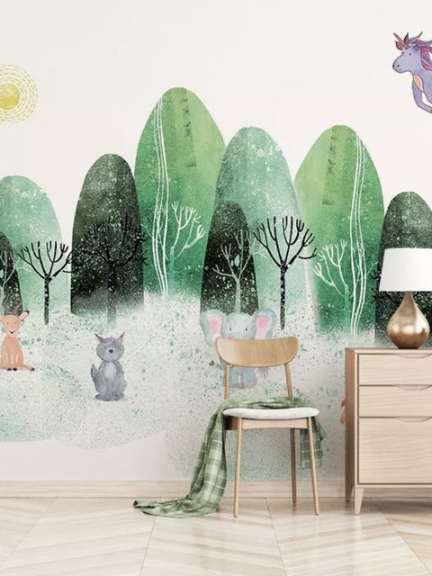 Aquarell Cartoon Bäume und Tiere Fototapete