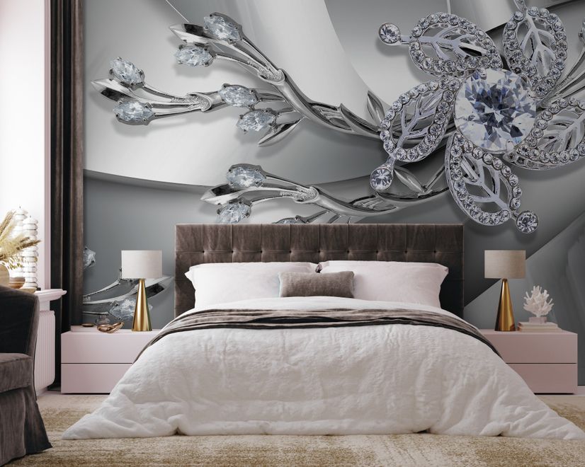 Silver Crystal Daisy Floral Wallpaper Mural