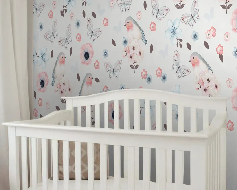 Watercolor Pink Blue Florals with Birds and Butterfly Wall Decal Sticker