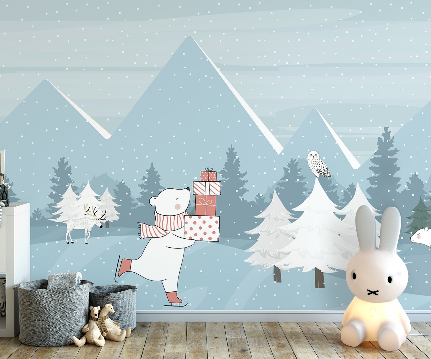 Ice Skater White Bear on the Snowy Winter Forest Wallpaper Mural - Peel and Stick