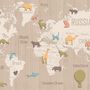 Kids Wooden Style World Map with Colorful Animal Silhouette Wallpaper Mural