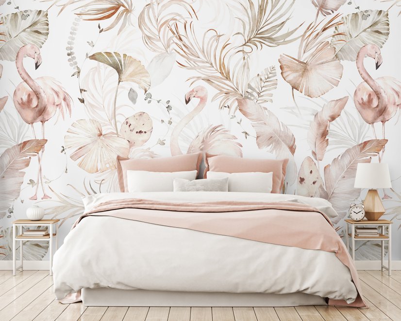 Papier peint art flamant doux avec boho tropical à feuilles