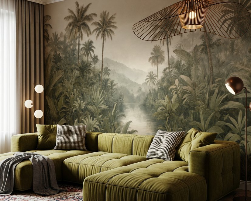 Misty tropical forest wallpaper with palms, pale river and hazy hills in muted green sepia