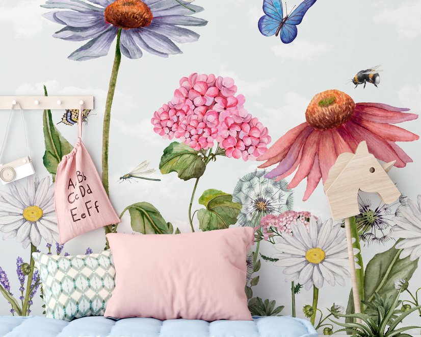 Papier peint panoramique floral avec papillons pour enfants