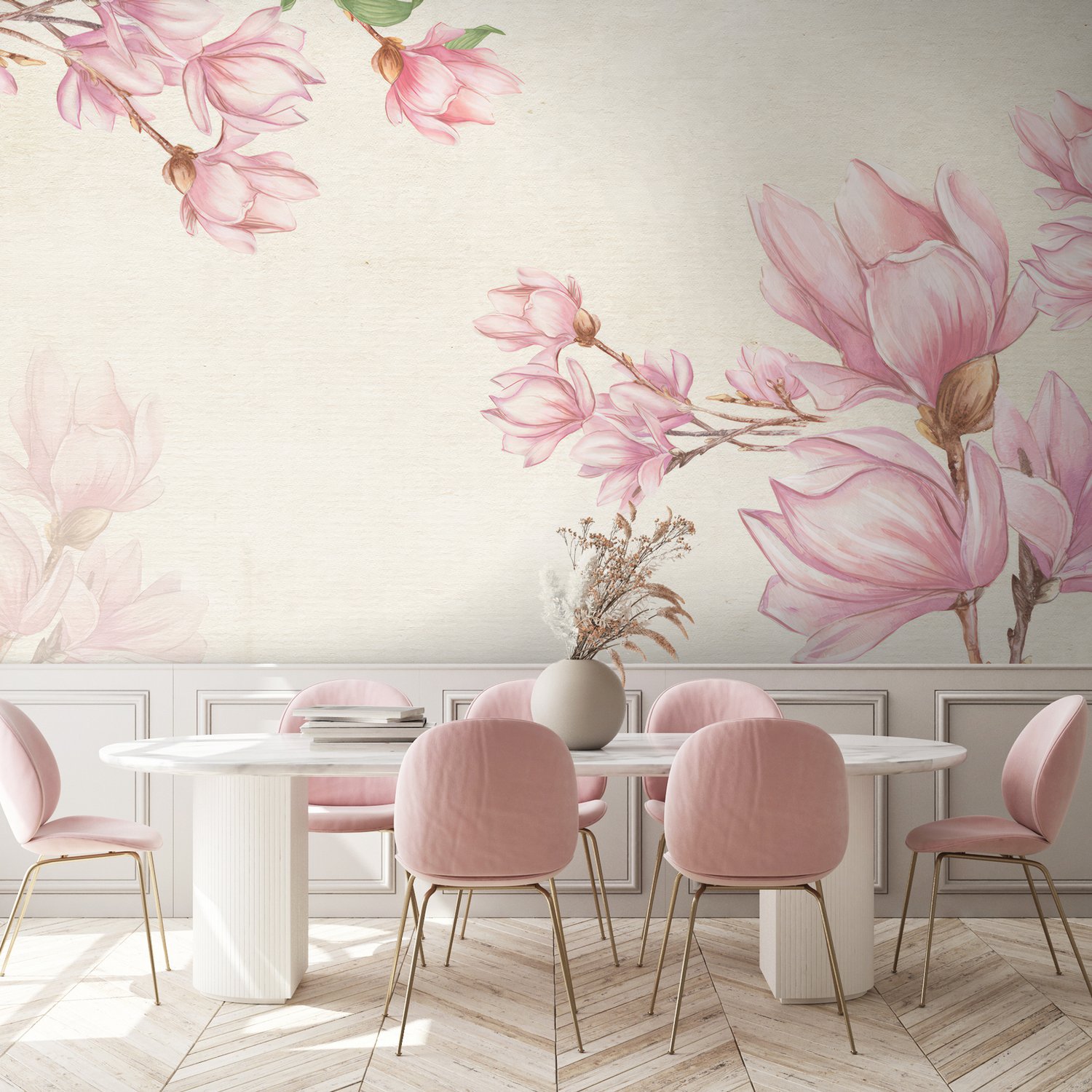 Watercolor Pink Magnolia Blossom Wallpaper Mural - Peel and Stick