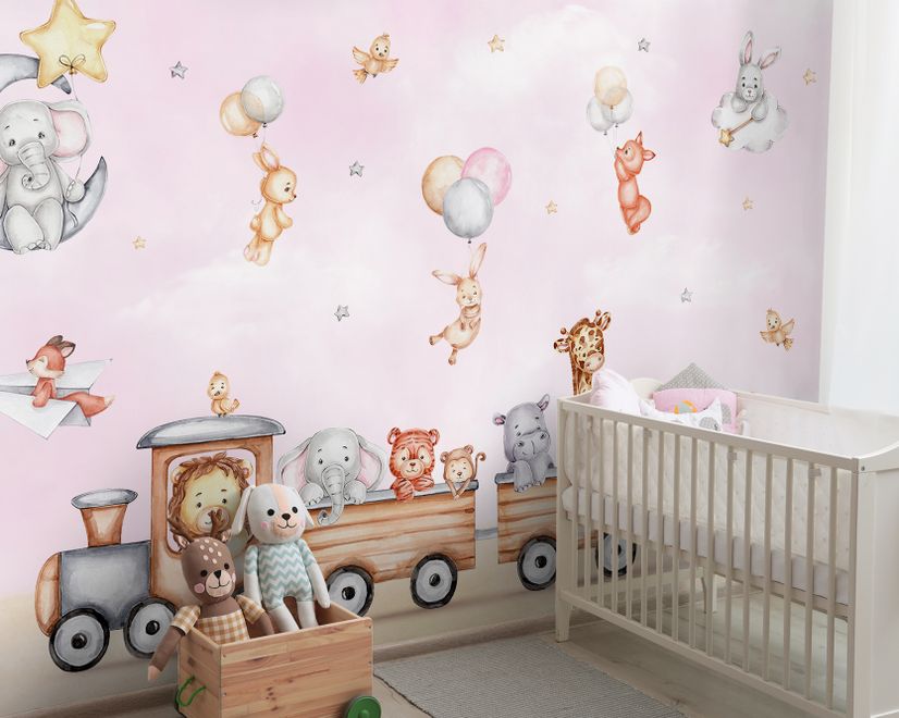 Cute Kids Animals on Train Wallpaper Mural