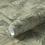 Light green and blue wallpaper with painted sage bamboo canes, olive leaves and pale celadon foliage ground