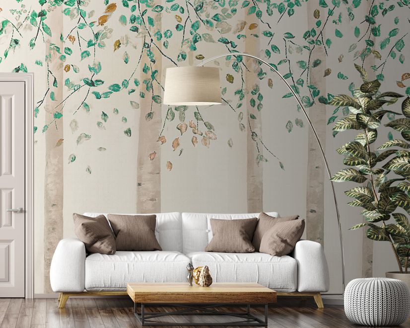 Watercolor Style Forest with Green Brown Little Leaves Wallpaper Mural
