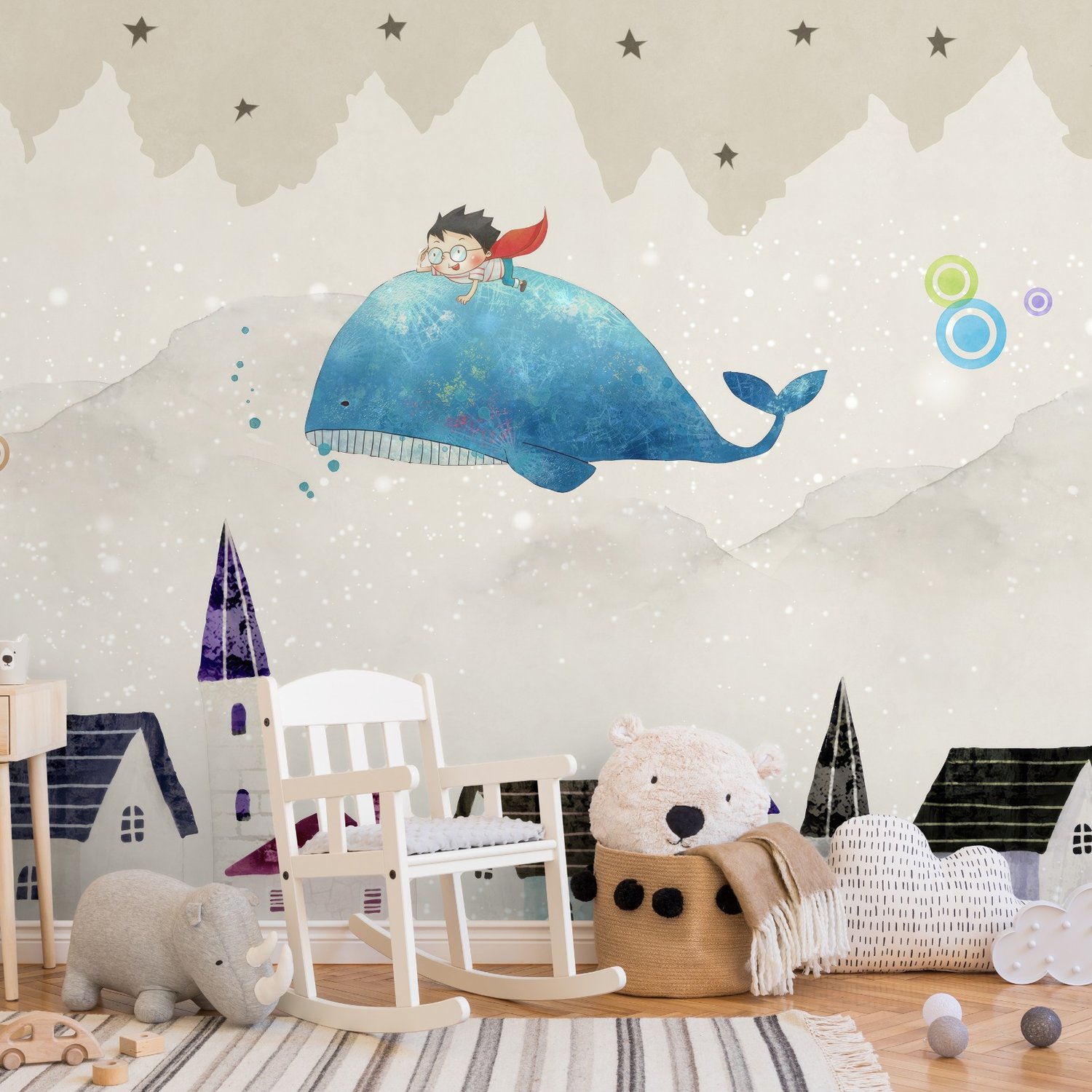 Cartoon Village and Little Child on the Flying Whale Wallpaper Mural - Peel and Stick