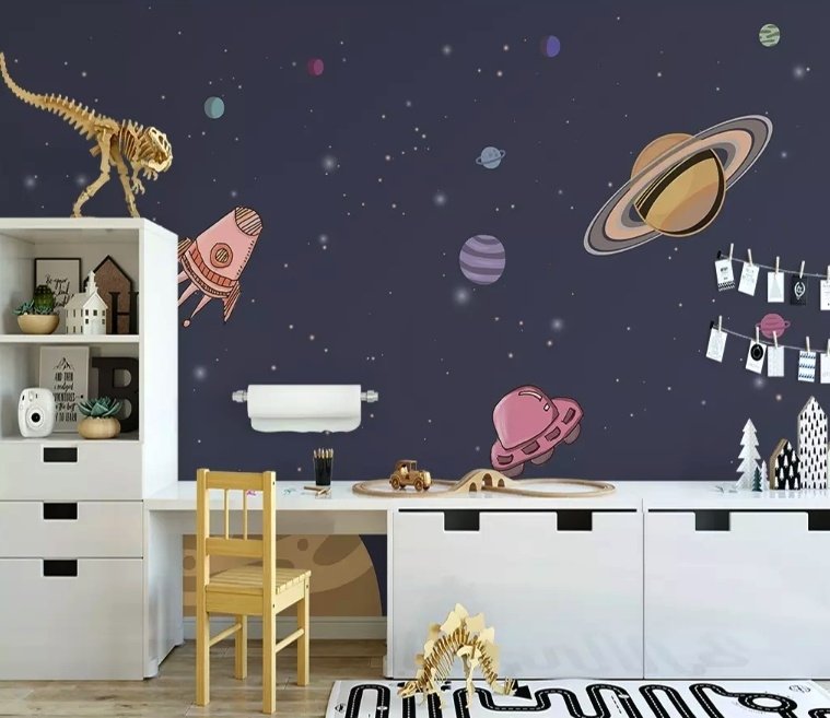 Watercolor Cartoon Space with Planets Wallpaper Mural - Peel and Stick