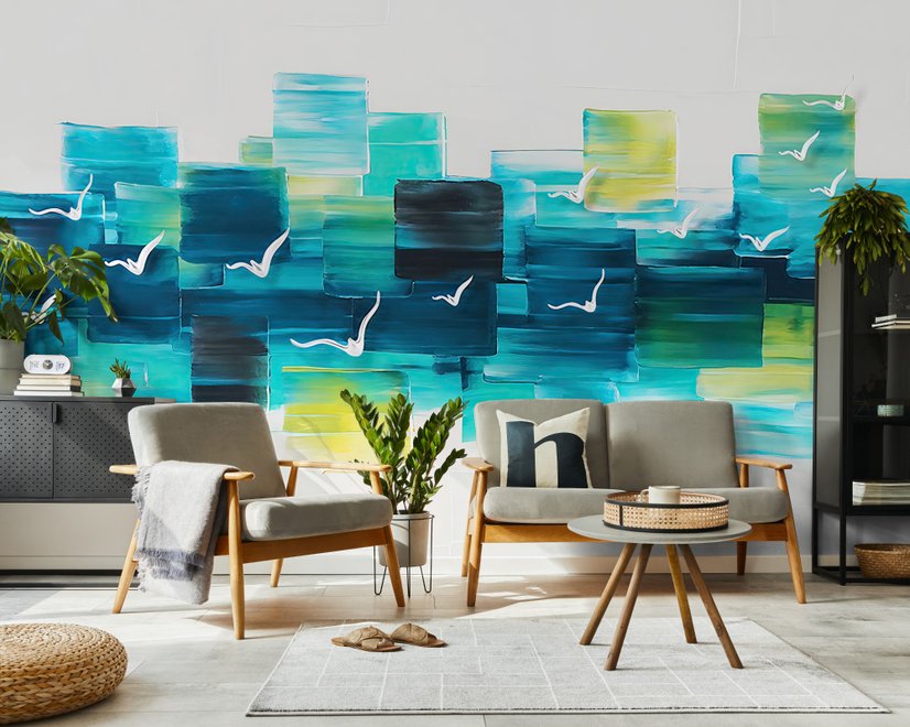 Abstract Turquoise Square Pattern Wallpaper Mural