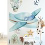 Papier peint village de dessins animés et avion en aquarelle