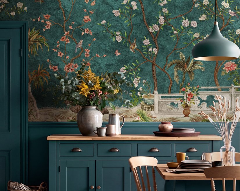 Floral wallpaper with birds in a teal chinoiserie garden with blossoms, pheasant, palms and stone railings