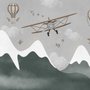Papier peint panoramique Montagne enneigée avec avion et ballons pour enfants