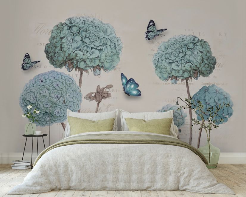Light Blue Hydrangea Flowers and Butterflies Wallpaper Mural