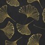 Black wallpaper with antique metallic gold ginkgo leaves on a mottled charcoal ground
