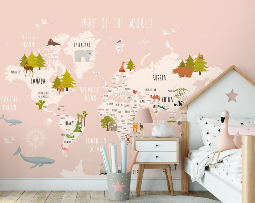 Kids World Map with Cartoon Animals Wallpaper Mural