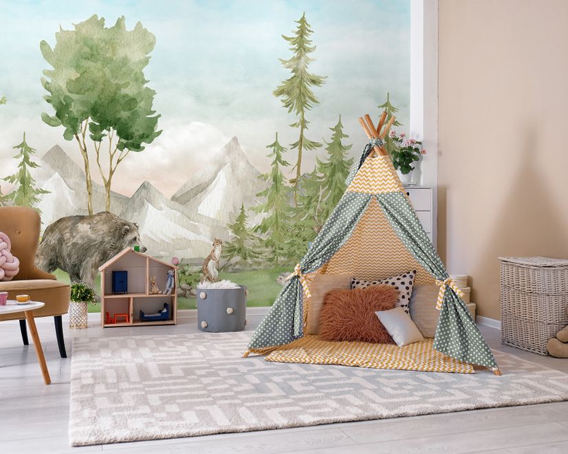 Papier peint forêt conifères aquarelle avec animaux pour enfants