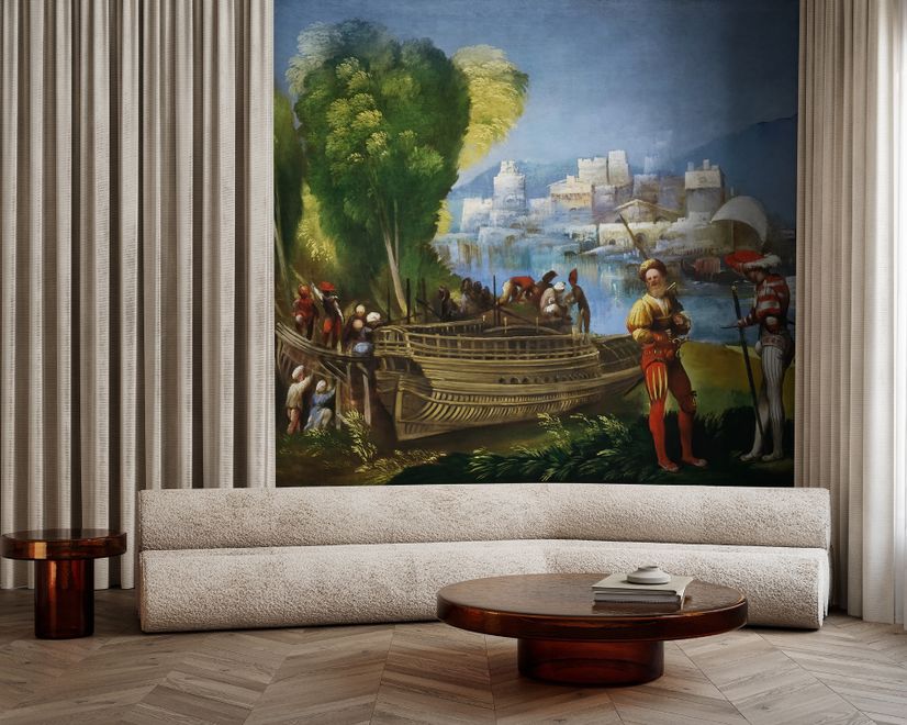 Medieval Lake Landscape with Boats Wallpaper Mural
