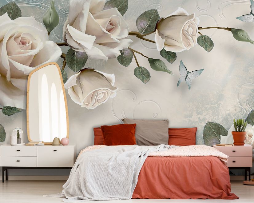 Beautiful White Roses and Butterflies Wallpaper Mural