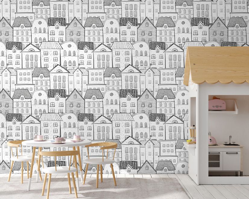 Kids Black and White Sketch House Wallpaper Mural