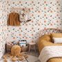 Cute autumn wallpaper with white ghosts, orange pumpkins, black bats and sage striped background